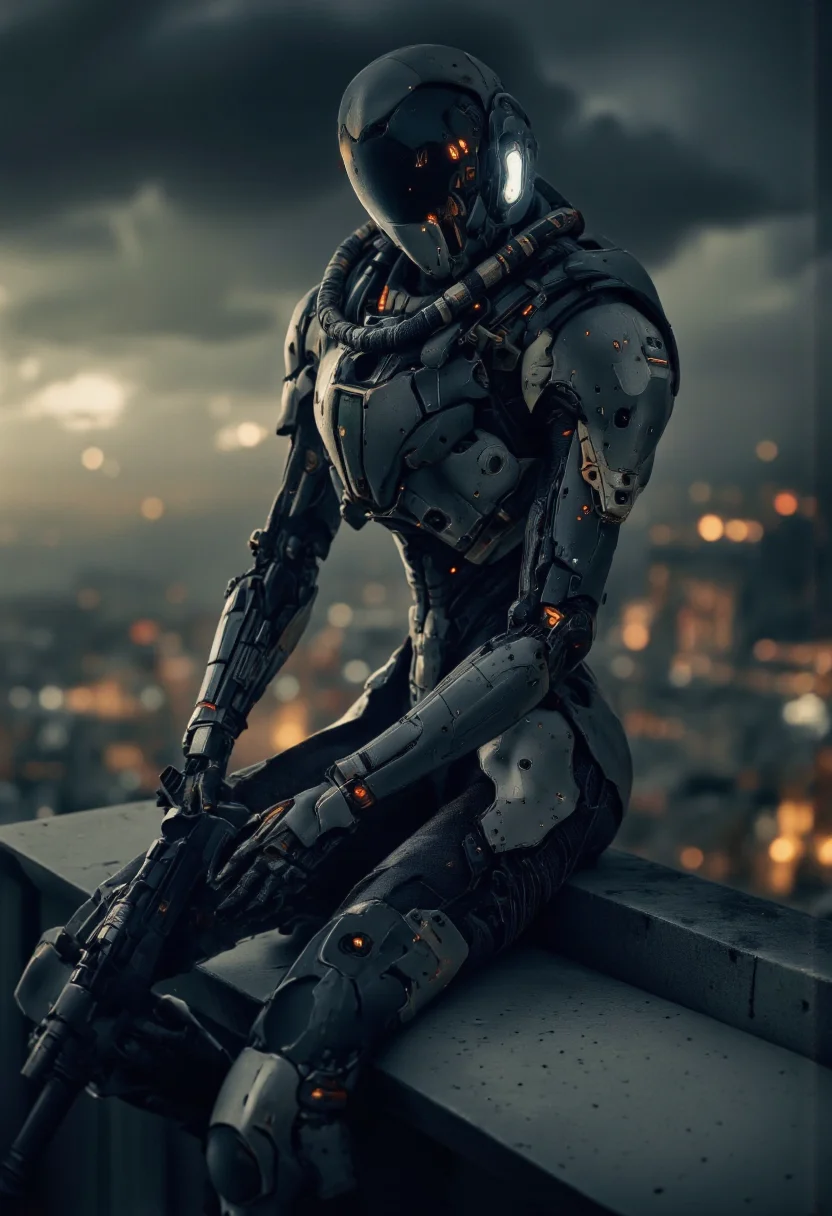 . A photo-realistic shoot from the side about a futuristic humanoid robot sitting on a ledge, wearing a dark, armored suit with a sleek, metallic design and glowing accents. the robot, positioned in the middle of the image, appears to be in a contemplative pose, with its upper body facing the viewer. it has a helmet with a visor and a glowing orange light, and is holding a gun in its right hand. its body is slim and muscular, with mechanical parts visible on its armor. the background is blurred with bokeh lights, giving the image a sense of depth and atmosphere. the overall mood is dark and ominous, with a focus on the robot's futuristic design and advanced technology.