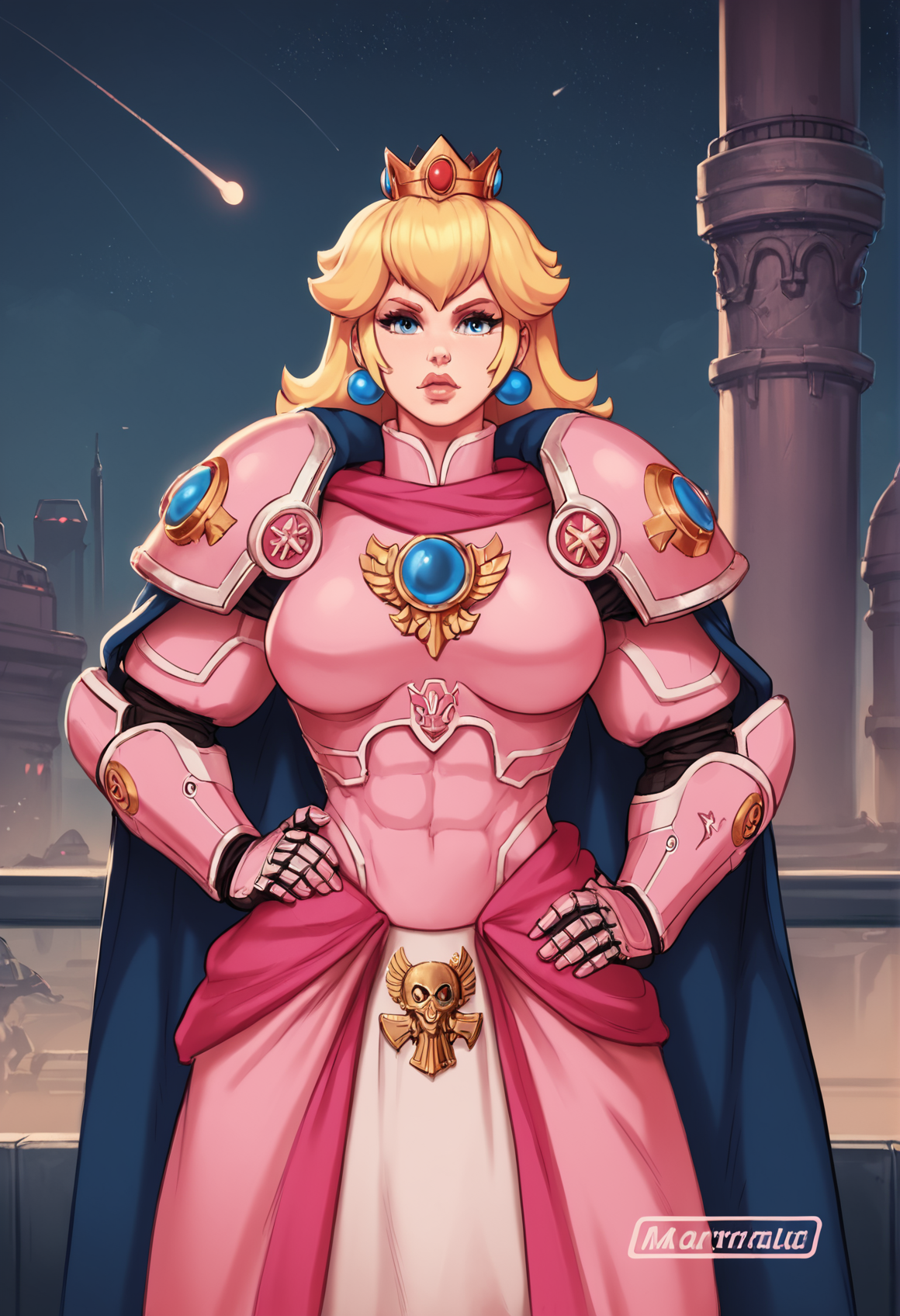 score_9,score_8_up,score_7_up,score_6_up, solo, 1girl, princess peach, pink armor, top, skirt, cape, gauntlets, muscular, warhammer 40k, ultramarine, hand on hip, proud, stern, futuristic, spaceship, ultra detailed, cowboy shot, night,m4rm4r,   <lora:MARMAR_Style:0.8>