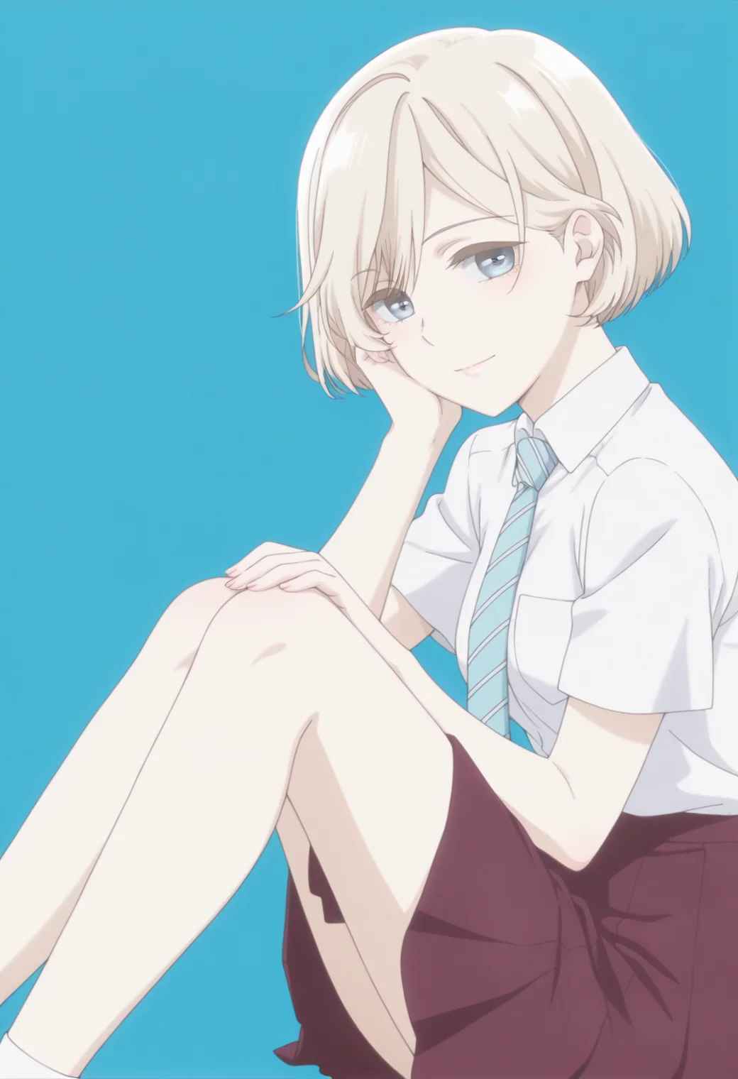 anime screencap, anime coloring, <lora:DX888Niina:1> sugawara niina, blue eyes, blonde hair, short hair, BREAK simple background,  blue background,  BREAK  school uniform, white shirt, striped necktie, skirt BREAK   1girl, breasts, closed mouth,  hand on own cheek, hand on own face, knees together feet apart, legs up, light smile,  looking at viewer, sitting, from side,