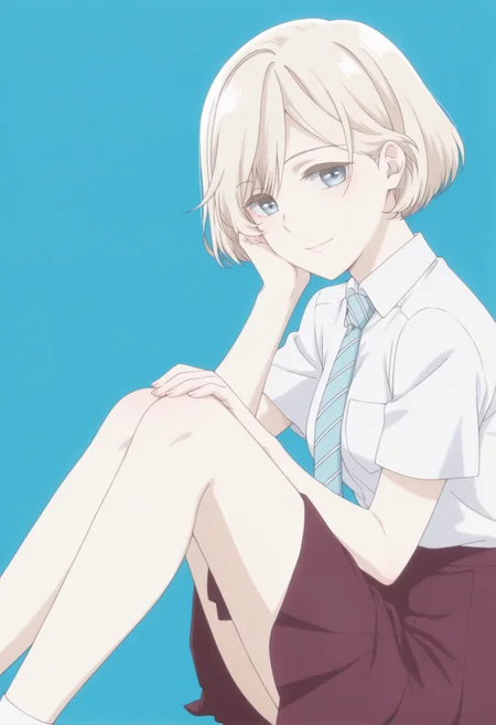 anime screencap, anime coloring, <lora:DX888Niina:1> sugawara niina, blue eyes, blonde hair, short hair, BREAK simple background,  blue background,  BREAK  school uniform, white shirt, striped necktie, skirt BREAK   1girl, breasts, closed mouth,  hand on own cheek, hand on own face, knees together feet apart, legs up, light smile,  looking at viewer, sitting, from side,