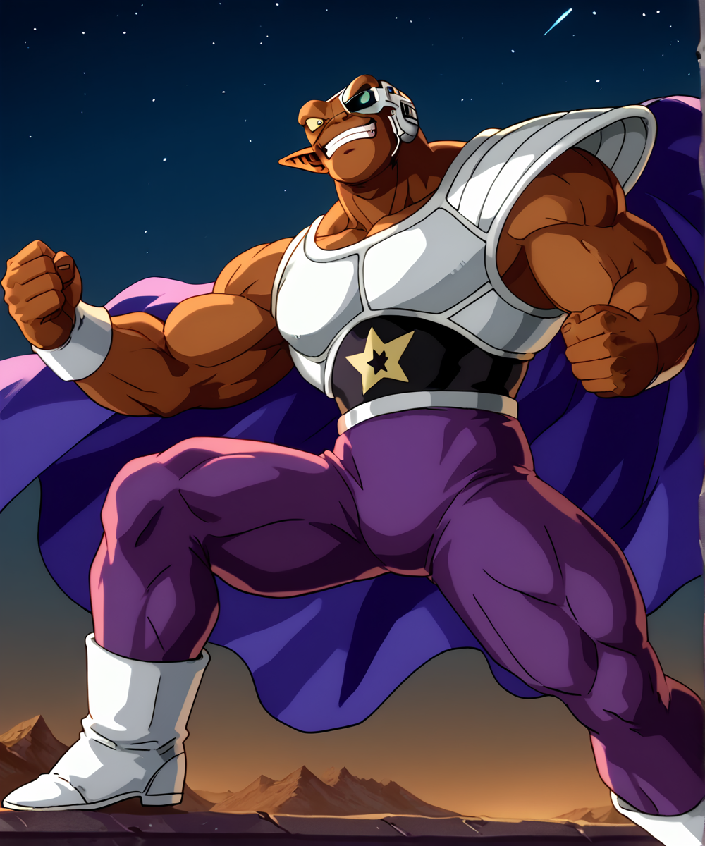 score_9, score_8_up, score_7_up,
<lora:Neiz_(Dragonball_Z)_(Pony)_(AD):1> Neiz, muscles, muscular, purple skin tight bodysuit, light green chest armor, white gloves, white boots, Dragonball Z, single lensed scouting device, brown skin, male focus, 1boy, armor, 
8K, In'ei, hiaroscuro, anime style, 8K CGI anime, depth of field, rim lighting,
perfect hands, perfect proportions, powerful sexy muscular body, long body, 
alien planet, frozen wasteland, black night sky, dark black sky, dead ice planet with monumentally tall mountains, anime style dark background, evil villain, indomitable, extreme perspective, powerful and mighty warrior, skin tight faux leather purple bodysuit, brown skin, brown body, light green glistening chest armor, single lensed scouter covering one eye with a single form clear green lens, elite warrior, Cooler corps member, genetically enhanced super soldier, supervillain, flawless unbeatable fighter,  ((captain of the Cooler Force, cape, )), 
BREAK zPDXL, zPDXLxxx,   <lora:Soviet-poster:0.8> soviet poster