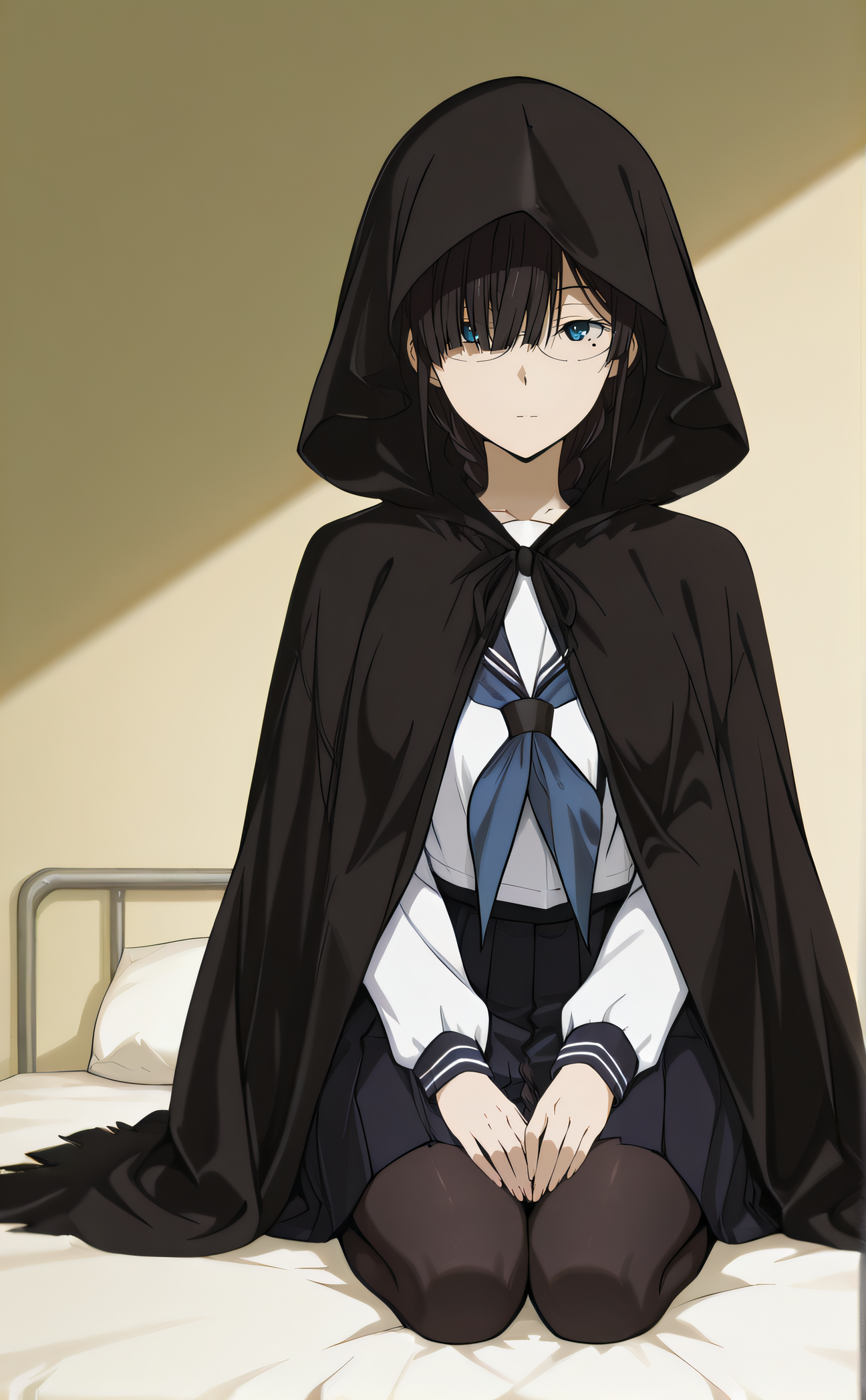 masterpiece, best quality, highres, newest, 1girl, solo, official style, anime screencap, <lora:IL_Juumonji_Kaho_v2:1>, kaho, black hair, blue eyes, braid, glasses, sidelocks, bangs, hair over one eye, mole under eye, serafuku, black cloak, hood, black pantyhose, pleated skirt, looking at viewer, five fingers, expressionless, on bed, full body, seiza, hands on knees, centered image