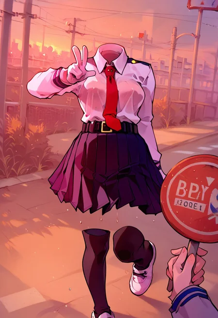 score_9, score_8_up, score_7_up, source_anime, solo, 1girl, (((invsbody))), skirt, shirt, gloves, long sleeves, school uniform, white shirt, pleated skirt, necktie, collared shirt, white gloves, black skirt, red necktie, black socks, white shoes, medium breasts, reflection, large pectorals, sweaty abs, belt, sweaty sheen, portrait, close up, cowboy shot, distant shot, googlecarmeme, outdoors,sign,road, road sign,city,v,standing on one leg,arm up, pov hand, one hand, pov holding id card
