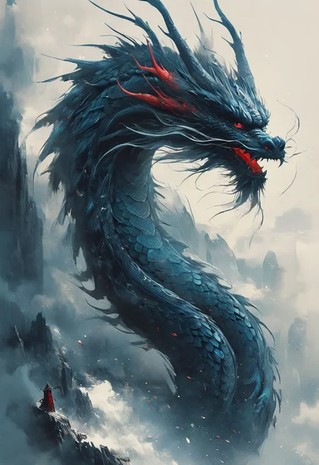 minimalism style, WLOP art style, a character worrior , facial muscles,  eye light, dragon behind, cinematic foootage,  fantasy, intricate details,8k post production,dark blue red white green  gold tone