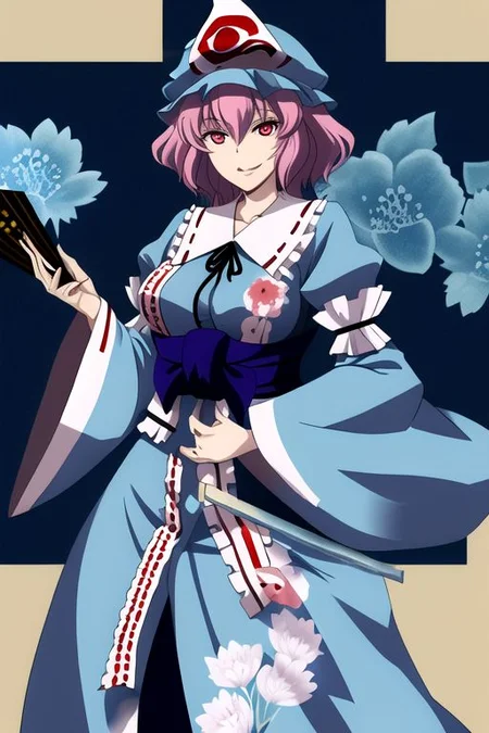 saigyouji yuyuko, 1girl, breasts, floral print, hand fan, hat, holding, holding fan, japanese clothes, large breasts, looking at viewer, mob cap, pink eyes, pink hair, puffy sleeves, smile, solo, traditional media, triangular headpiece, wide sleeves, 
masterpiece, best quality, very aesthetic, absurdres, pixiv, anime coloring