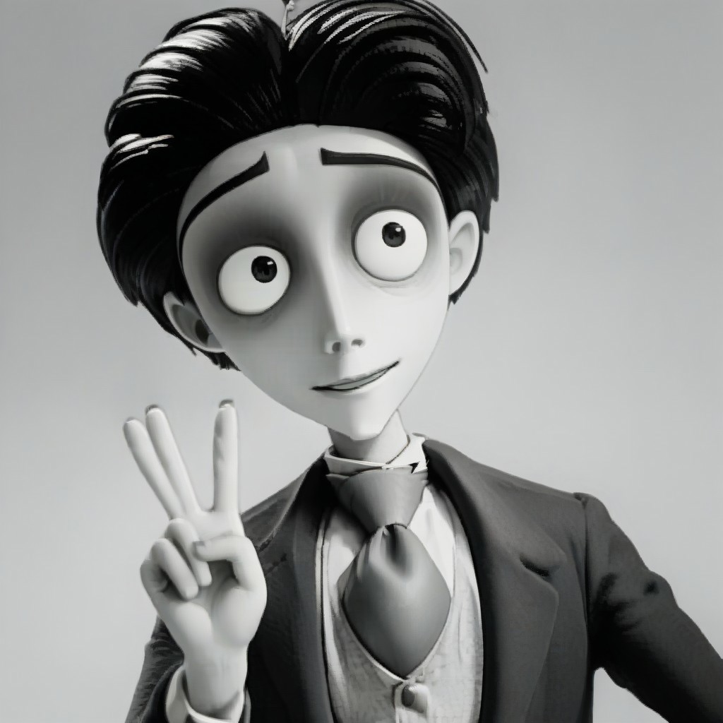 , , score_9, score_8_up, score_7_up, score_6_up, score_5_up, score_4_up, score_9, solo, shirt, black hair, 1boy, monochrome, upper body, male focus, necktie, blurry, formal, suit, smile, v, peace sign, nervous,