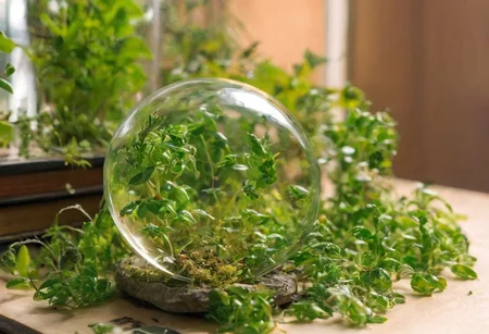 Macro photograph of a glass terrarium sitting on a desk in a home office, terrarium contains a micro civilization living in the dense foliage, micro human-like species, lush green foliage, many visible micro creatures, alien, not from earth, elemental earth creatures, multiple creatures, elemental