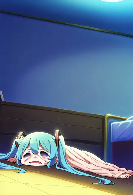 1girl, solo, 
hatsune miku, twintails,
skinsuit, girl costume, deflated, wrinkled, lying on floor, empty eyes, no humans, corpse,
BREAK
indoors, bedroom, night,
masterpiece, best quality, year 2024, newest, absurdres, highres, intricate detailed, sensitive, anime screencap