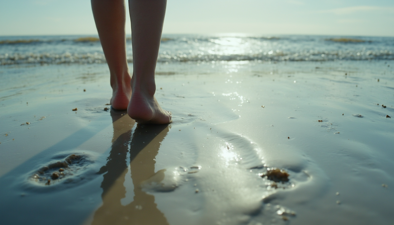 cinematic, Bare feet walking on wet sand near the shoreline, leaving clear footprints. The reflection of the feet and the calm waves create a peaceful, serene beach atmosphere, film grain, Short telephoto focal length, shot on ALEXA 65