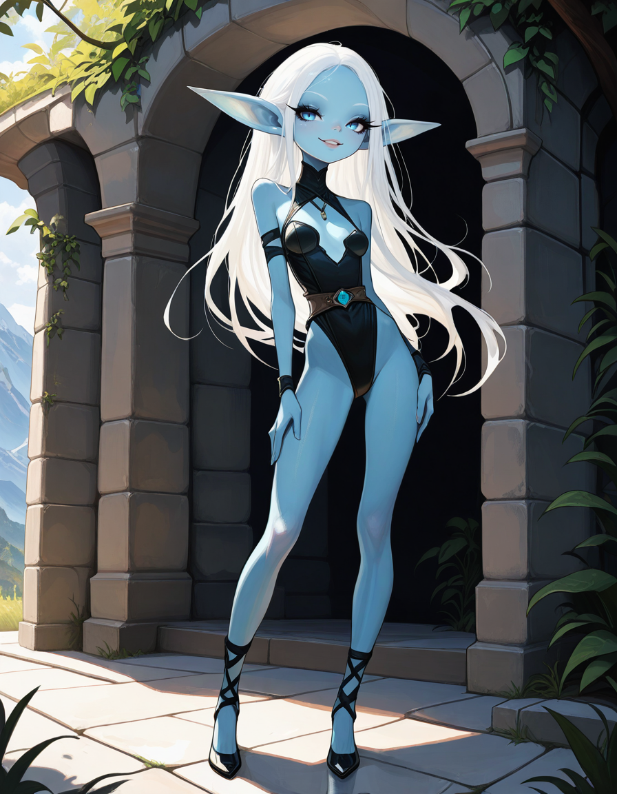 masterpiece, best quality, very aesthetic, absurdres,
outdoors, 
full body,  posing,
seductive smile, parted lips, long eyelashes,
 <lora:Kiki_v01_NAIXL:1>,Kikimb,1girl,solo,elf,long hair,white hair,long pointy ears,blue eyes,colored skin,blue skin,