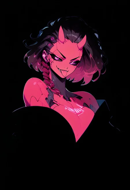 score_9, score_8_up, score_8, female, cel-shading, backlit, big eyes, cute eyes, delicate features, short hair, (braided hair), black hair, portrait, nsfw, smug, seductive eyes, horns, hologram halo, 0xYung, techwear, cyborg, cybernoir, heavy rain, rainrops, (((dark))), sexy, sensual glare, pink eyes, black sclera, tongue sticking out teasingly, big chest,
blend_in, ((black background)),