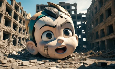 a gigantic astro-boy head lying in ruined city, best quality,  landscape, nature, masterpiece, intricate, highly detailed,  cinematic lights, <lora:abslandsdxl:0.9>, abslandsdxl,