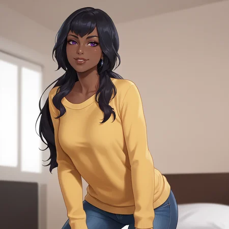 <lora:nilahlol_pony_v1:.8> nilah, 1girl, very dark skin, dark-skinned female, black hair, purple eyes, lips,  cowboy shot, sweater, jeans