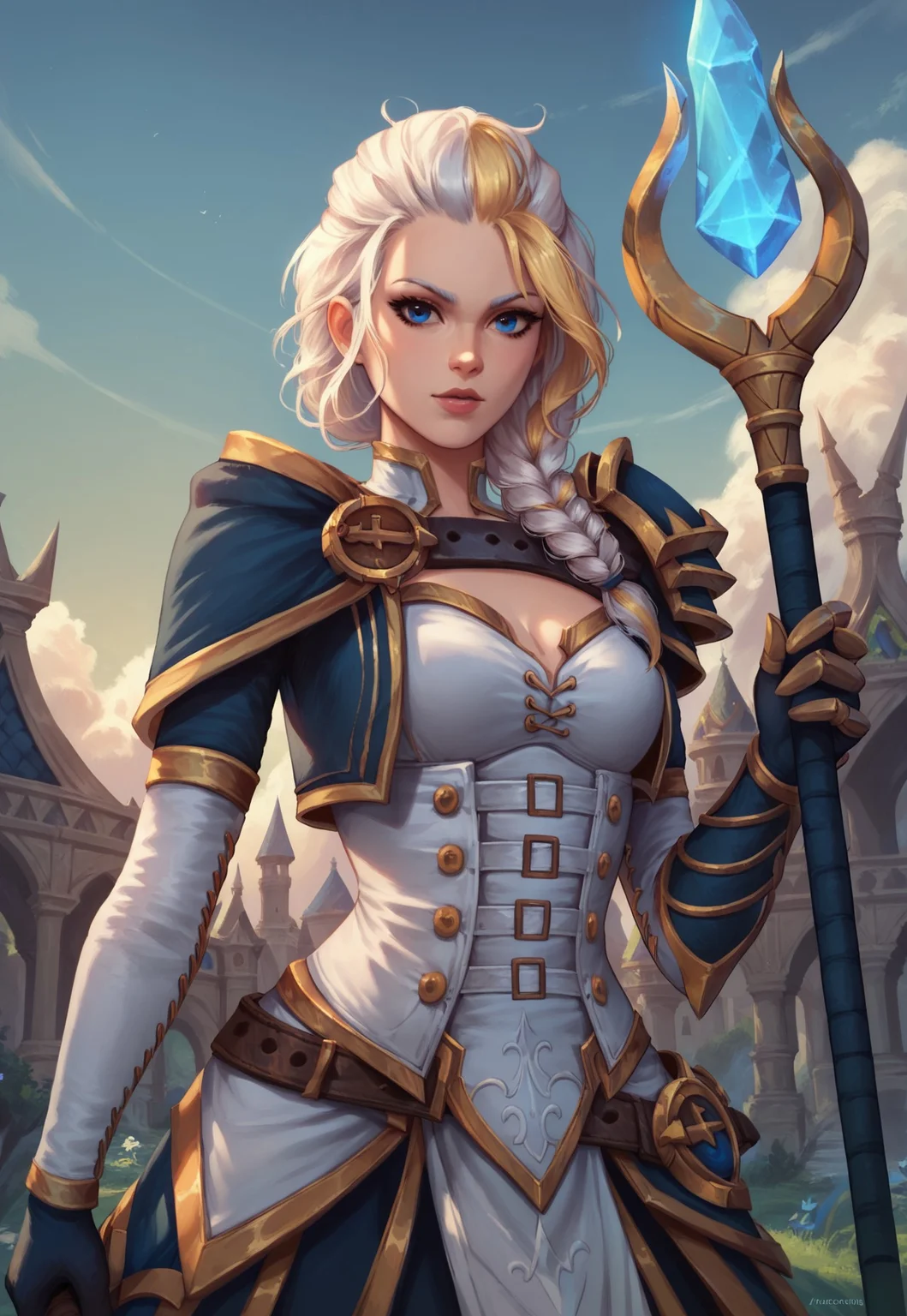 score_9, score_8_up, score_7_up, ultra quality, 1girl, jainaxl, blue eyes, single braid, two-toned hair, white hair, yellow hair, shoulder armor, corset, sleeves, holding staff, looking at viewer, outdoors, sky