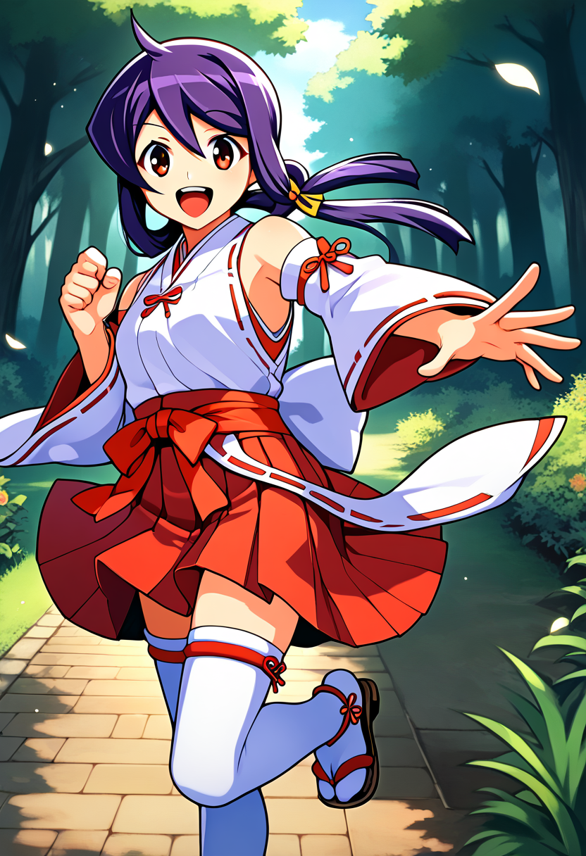 score_9, score_8_up, score_7_up, BREAK source_anime, best quality, masterpiece,very aesthetic, zPDXL2,official art,detailed_eyes,1girl, solo,
kaidou_akane, purple hair, red eyes, long hair, sidelocks, teenage, 
sarashi, ribbon trim,sarashi, red ribbon, white detached sleeves, white japanese clothes, red short hakama, red skirt, white thighhighs, miko, zettai ryouiki, sandals
<lora:kaidou_akane_pony_v1:1>
( standing:1.3),(dynamic pose),
smile, open mouth,
looking at viewer,(cowboy shot,:1.4 ),
outdoors, forest