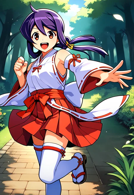 score_9, score_8_up, score_7_up, BREAK source_anime, best quality, masterpiece,very aesthetic, zPDXL2,official art,detailed_eyes,1girl, solo,
kaidou_akane, purple hair, red eyes, long hair, sidelocks, teenage, 
sarashi, ribbon trim,sarashi, red ribbon, white detached sleeves, white japanese clothes, red short hakama, red skirt, white thighhighs, miko, zettai ryouiki, sandals
<lora:kaidou_akane_pony_v1:1>
( standing:1.3),(dynamic pose),
smile, open mouth,
looking at viewer,(cowboy shot,:1.4 ),
outdoors, forest
