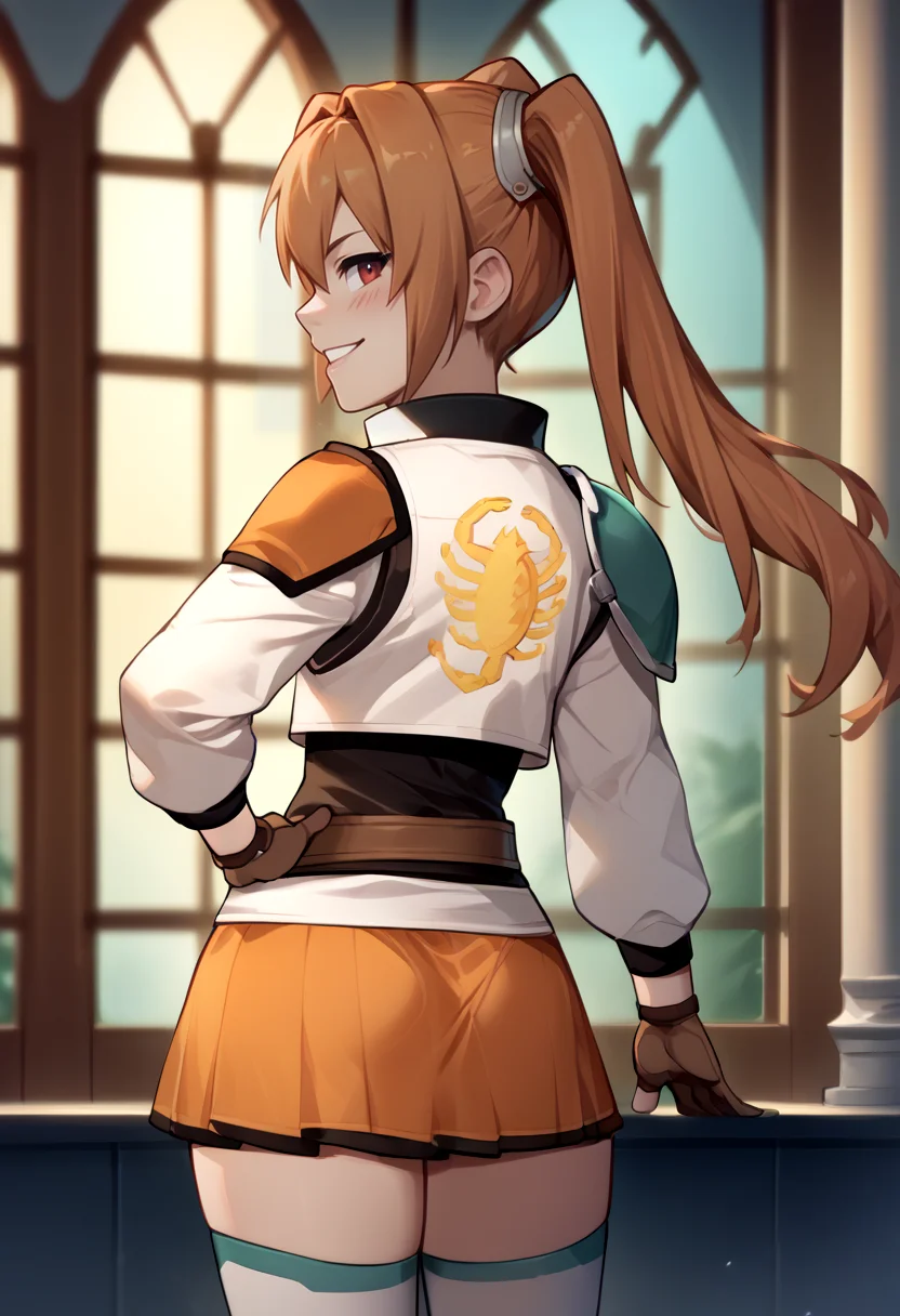 score_9, score_8_up, score_7_up, source_anime BREAK <lora:drivejacket-outfit-richy-v1_pdxl:1.2> print jacket, white jacket, 1girl, solo, from behind, <lora:estelle-pdxl-nvwls-v1:0.7> scEstelle, twintails, cropped jacket, green shoulder pad, single shoulder pad, orange skirt, belt, white thighhighs, brown gloves, looking at viewer, looking back, smile, blush, hand on hip, parted lips, <lora:try-artist-richy-v1_pdxl:0.8> long sleeves, thighs, zettai ryouiki, fantasy, castle, from side, wide hips