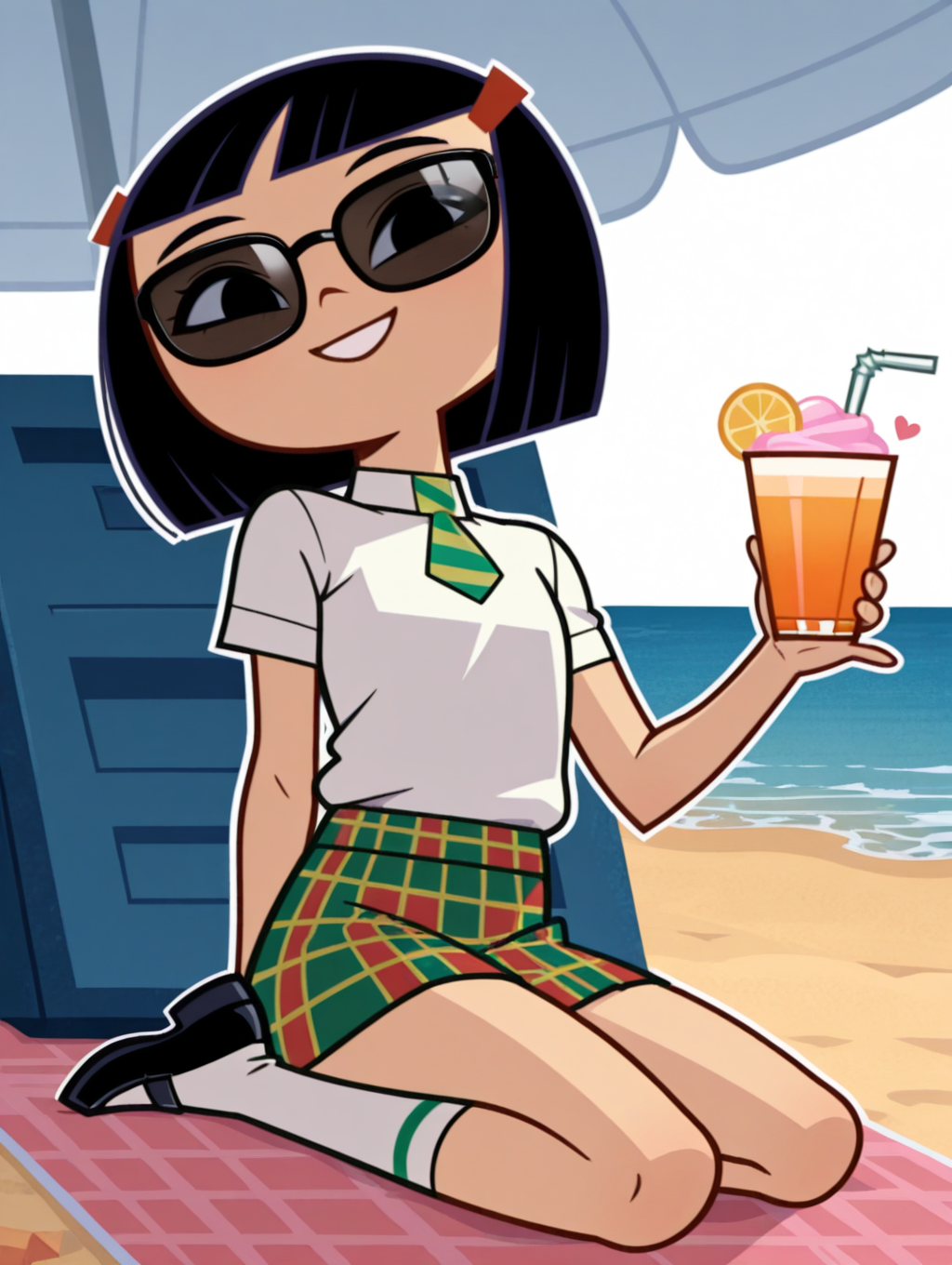 KittyKoZYN, 1girl, solo, black hair, hair ornament, bob cut, bangs, short hair, hairclip, blunt bangs, school uniform, white shirt, necktie, plaid skirt, socks, black shoes, cowboy shot, looking at viewer, beautiful, (black Sunglasses, sunbathing, sipping a drink, sea, sunshine, beach sand,), ((beautiful face, beautiful eyes)), (smile, cute, looking at viewer, heart, petite, solo, full_body, head tilt,),((white background, White frame, white outline)),from direct beiow,(((from below:1.5))),