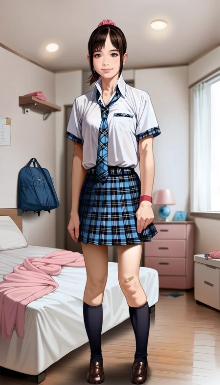 score_9,score_8_up,score_7_up,
highly detailed,highres,realistic,photorealistic,
<lora:miiyamotohikari:0.9>,miiyamotohikari,
1girl,solo,black hair,ponytail,bangs,pink scrunchie,brown eyes,looking at viewer,smile,school uniform,white collar shirt,blue plaid skirt,blue plaid necktie,red wristband,black kneehighs,bandaid on knee,
full body,standing,
blurry background,indoors,bedroom,white wardrobe,ceiling,bed,pillow,desk,wooden floor,dome light,