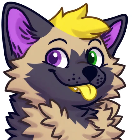 bullet-sona, heterochromia, purple eyes, green eyes, yellow hair, fur, furry, fluffy neck fur, fur, white background, yellow tongue, blep, smile, boring_e621_fluffyrock_v4