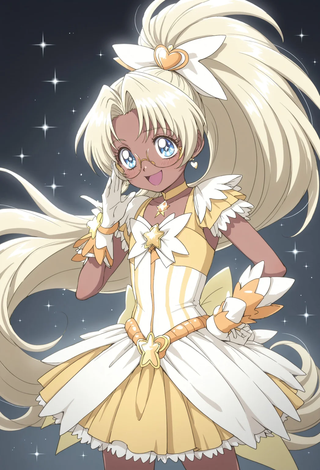 masterpiece, best quality, amazing quality, very aesthetic, absurdres, henshin, ((sparkling aura, sparkle background)), (((magical girl outfit:1.6))), dark background, YoungIntegra, child, 1girl, blonde hair, very long hair, curtained hair, dark skin, blue eyes, glasses, laughing