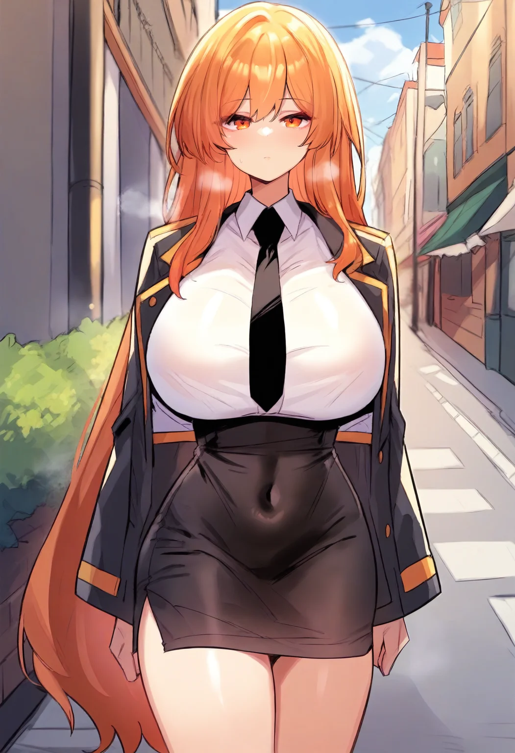 score_9, score_8_up, score_7_up, score_6_up, source_anime, rating_explicit, 1girl, solo, huge breasts, <lora:San Su-yu prefectPonyxl:0.9> very long hair, blonde hair, orange eyes, orange hair, black jacket, open jacket, black necktie, white shirt, collared shirt, covered navel, black skirt, high-waist skirt, pencil skirt, miniskirt, expressionless, Narrow shoulders, heavy breathing, steaming body, street, outdoors, standing, looking at viewer