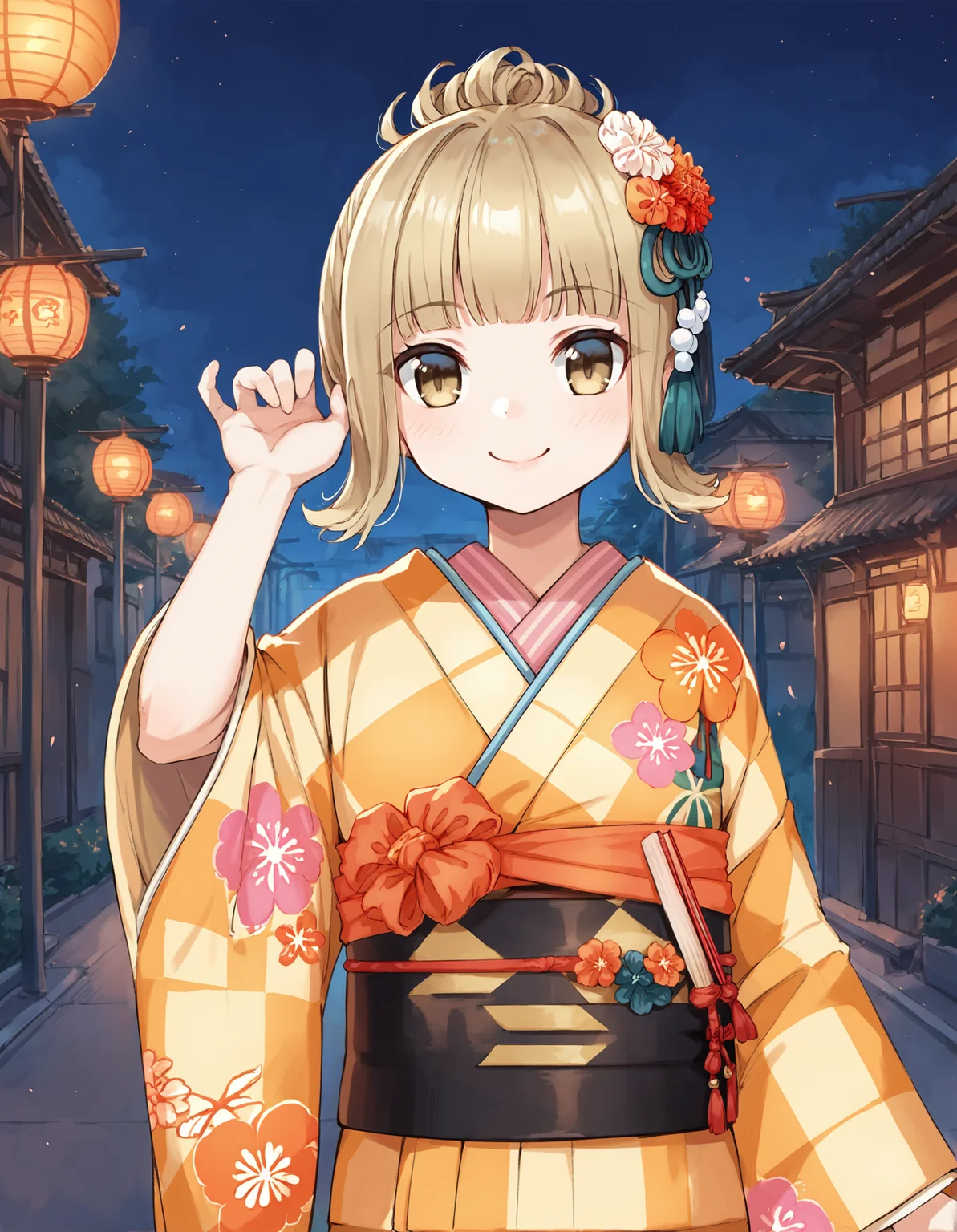 score_9, score_8_up, score_7_up, score_6_up, a girl with hand in hair in the street, source_anime, 1girl, upper body, medium shot, mgrchiroechiharu, blonde hair, yellow eyes, hair bun, flower hairpin, orange checkered kimono, flower print, black checkered obi, red obijime, red bow, fan on belt, smiling, dynamic pose, night, looking at viewer, <lora:mgrchiroechiharu_XL:0.9>