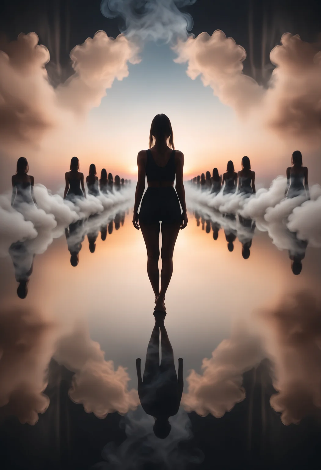a woman silhouette shape repeating like an infinite mirror into the sunset, infinite mirrored perspective, long exposure, surrounded by smoke
<lora:dvr-smk-sdxl:1>