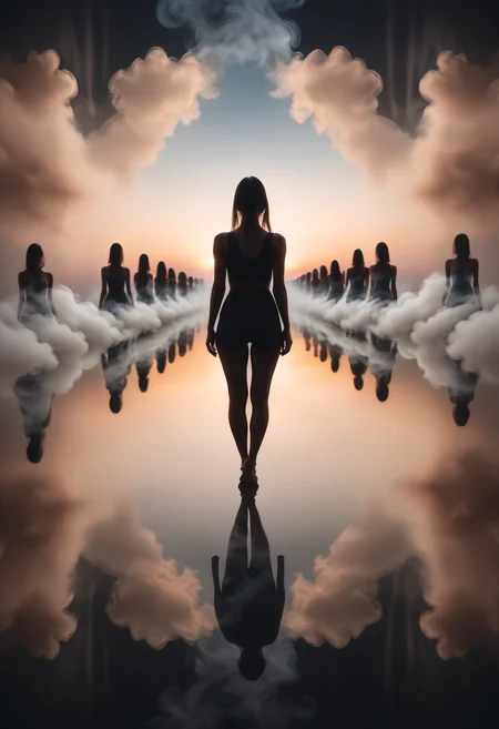 a woman silhouette shape repeating like an infinite mirror into the sunset, infinite mirrored perspective, long exposure, surrounded by smoke
<lora:dvr-smk-sdxl:1>