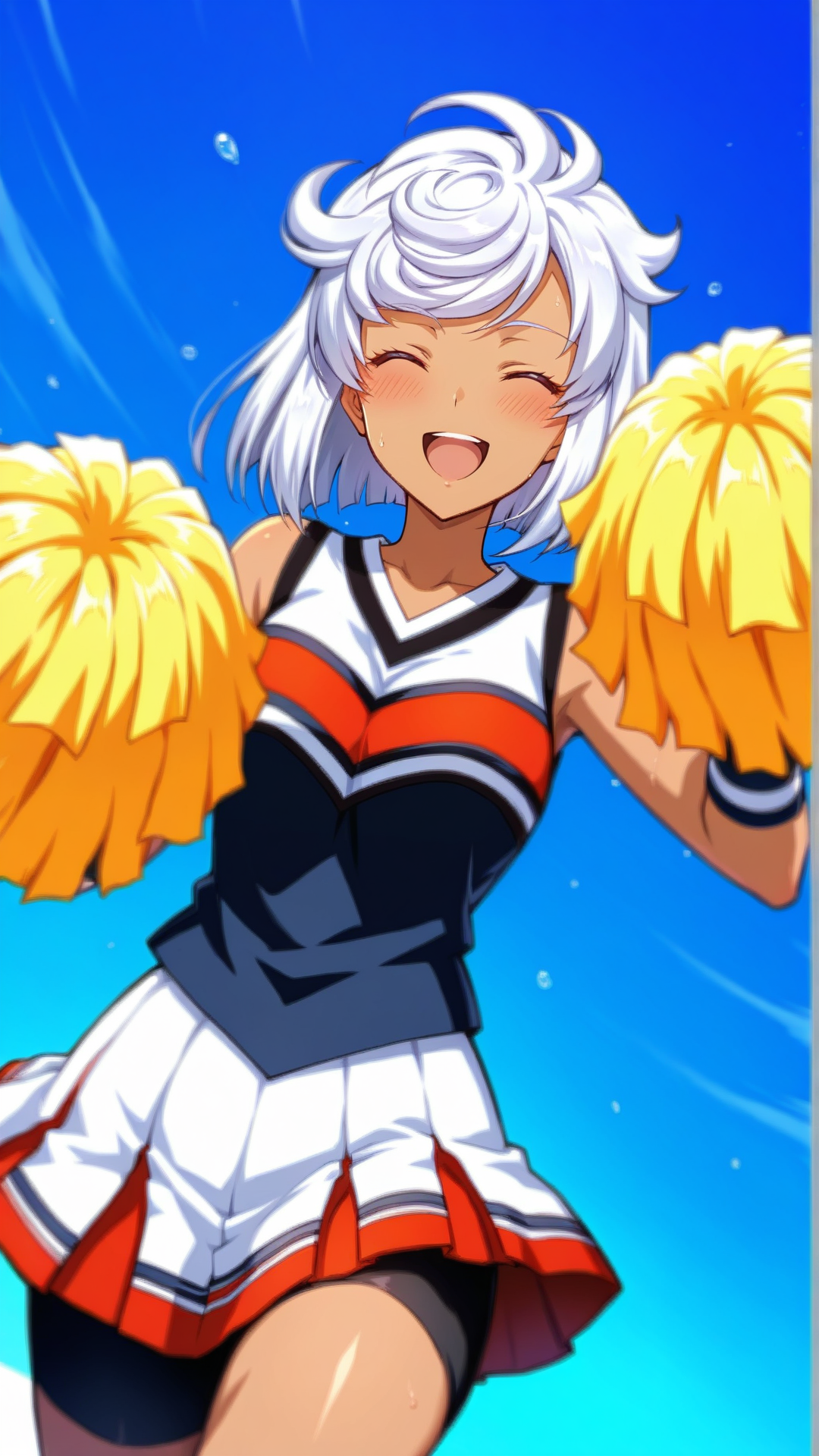 source_anime, general, best quality, masterpiece, 1girl, <lora:Tissisaaq_ill_v1.0:1> tissisaaq\(scarlet grace\),white hair, short hair, dark skin, dynamic pose, dutch angle, cheerleader, happy, embarrassed,  cowboy shot,