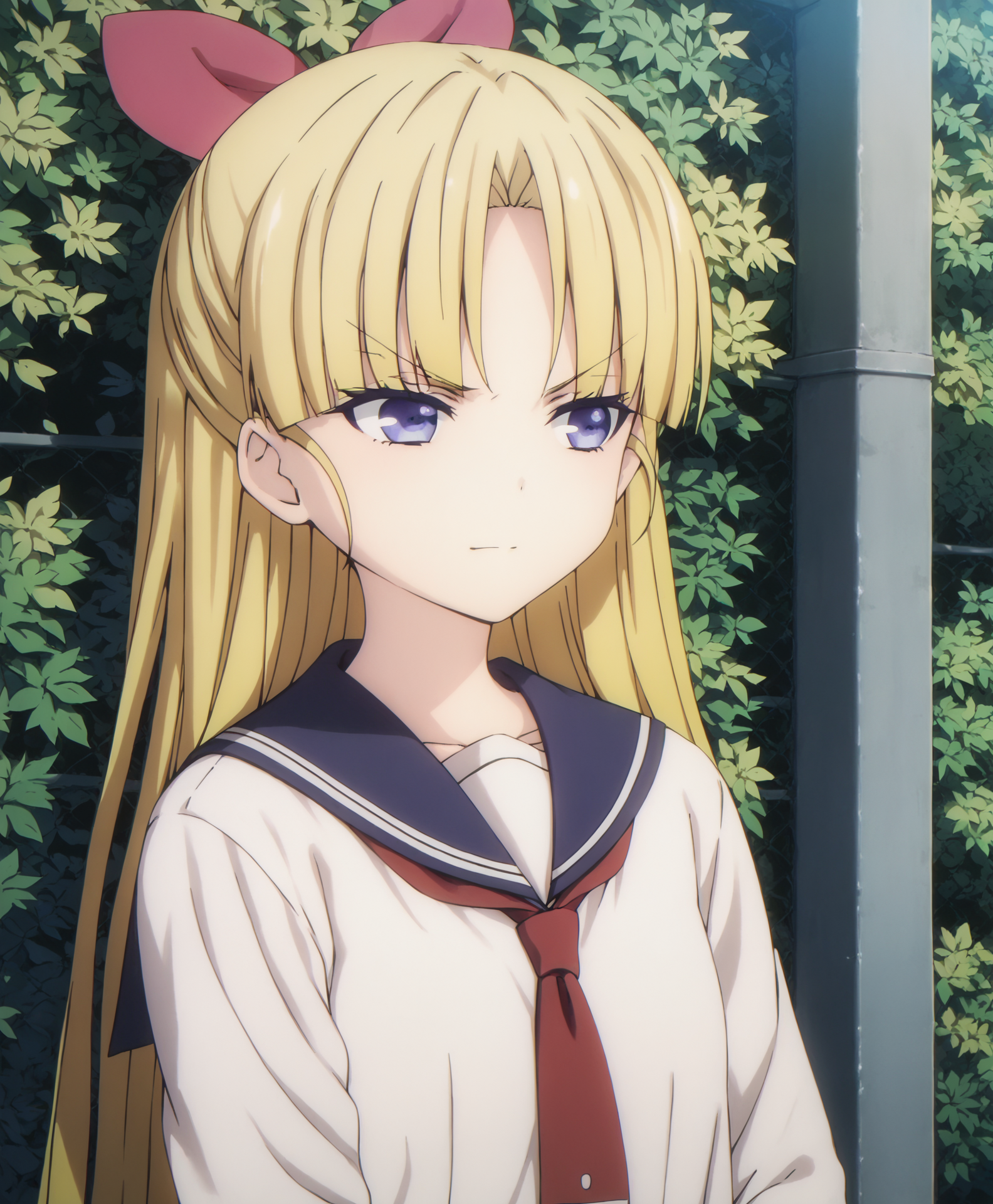 score_9, score_8_up, score_7_up, highres, hi res, best quality, masterpiece, 2d, intricate details, 4k, anime coloring, shadow, uncensored,
1girl, solo, female, long hair, blue eyes, blonde hair, bow, ribbon, purple eyes, hair bow, v-shaped eyebrows, >:\),
long sleeves, school uniform, serafuku, necktie, 
looking at another, upper body, portrait, 
outdoors, forest, bushes, branches, foliage, <lora:Warabi_Hanasaka1024_Pony:1>, busou shoujo machiavellism, hanasaka warabi,