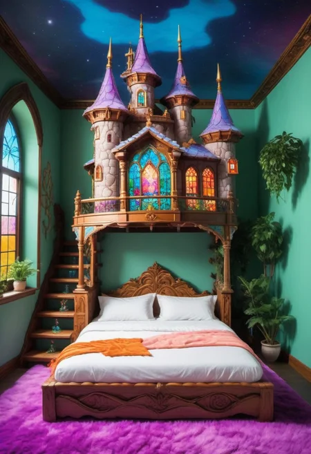 Light mood masterpiece photography, realistic, realistic photograph, inside bedroom, gaudy, Lisa Frank inspired, Lisa Frank colors, fancy headboard, neon orange wooden bedframe, maximalism, green and blue and pink, purple, in bedroom, soft rug, neon rug, bedroom like bedroom from Howl's Moving Castle, vanity, beanbags, framed pictures of castles on wall, stained glass windows, chandelier, crystal chandelier, bunk bed, castle bunk bed, castle bunk bed with stairs going up to top bunk