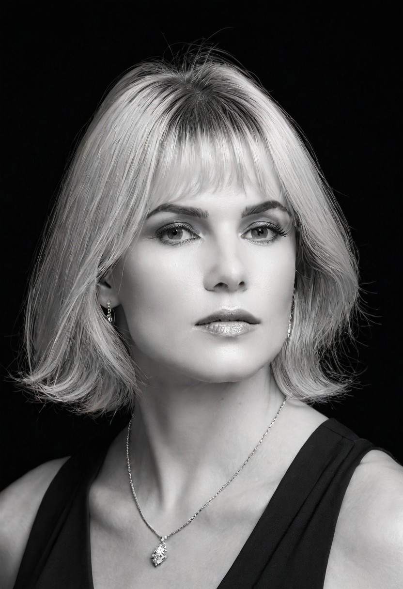A striking monochrome portrait of a high-fashion model captured in a classic, Vogue-inspired photoshoot. The image focuses on her upper body, showcasing sharp bone structure and flawless skin illuminated by dramatic, high-contrast lighting. Shadows and highlights play artfully across her face. Her gaze is powerful and direct, exuding confidence and sophistication, with slightly parted lips that add a touch of allure.
(Her hair is styled sleekly back), drawing attention to her expressive features and creating a sculpted silhouette against a soft, shadowed background. She wears minimal accessories - perhaps a single, elegant earring catching the light adding sophistication without distraction. The monochrome palette enhances the texture and contrast, giving her skin a smooth, almost ethereal glow, while the deep shadows add depth and mystery. The overall composition feels timeless and refined, embodying classic beauty and editorial poise with a touch of modern edge.. backinblack, grayscale, monochrome