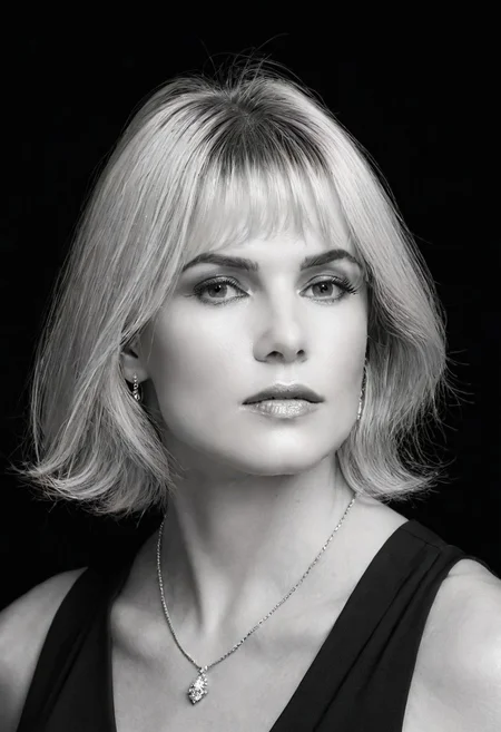 A striking monochrome portrait of a high-fashion model captured in a classic, Vogue-inspired photoshoot. The image focuses on her upper body, showcasing sharp bone structure and flawless skin illuminated by dramatic, high-contrast lighting. Shadows and highlights play artfully across her face. Her gaze is powerful and direct, exuding confidence and sophistication, with slightly parted lips that add a touch of allure.
(Her hair is styled sleekly back), drawing attention to her expressive features and creating a sculpted silhouette against a soft, shadowed background. She wears minimal accessories - perhaps a single, elegant earring catching the light adding sophistication without distraction. The monochrome palette enhances the texture and contrast, giving her skin a smooth, almost ethereal glow, while the deep shadows add depth and mystery. The overall composition feels timeless and refined, embodying classic beauty and editorial poise with a touch of modern edge.. backinblack, grayscale, monochrome