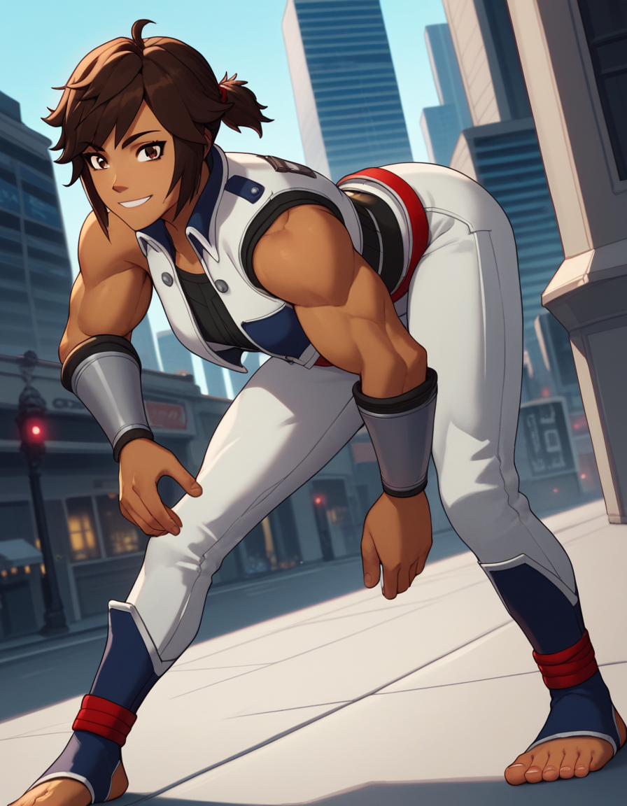 score_9, score_8_up, score_7_up, source_anime, <lora:elm-ederne-ponyxl-lora-nochekaiser:1>, elm ederne, brown hair, brown eyes, ponytail, dark skin, short ponytail,, sleeveless, belt, pants, muscular, barefoot, toes, soles, cropped jacket, white pants, toeless legwear, stirrup legwear,, cityscape, street, bent over, smile, looking at viewer, solo, cowboy shot, dutch angle