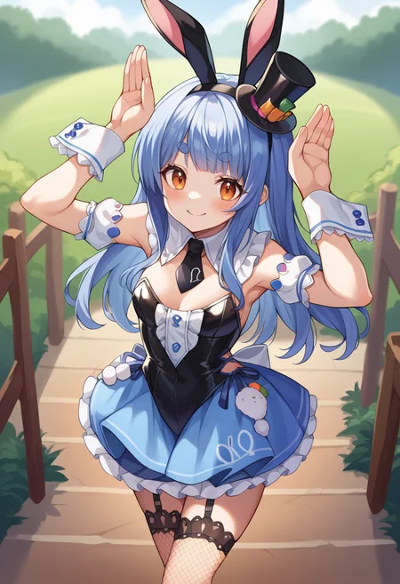 score_9, score_8_up, source_anime, 1girl, solo, PekoraFuriFuri, orange eyes, thick eyebrows, fake animal ears, black hairband, blue hair, long hair, mini top hat, tilted headwear, detached collar, short black necktie, black dress, short dress, sleeveless dress, center frills, puffy short sleeves, detached sleeves, wrist cuffs, blue skirt, fishnet thighhighs, garter straps, rabbit pose, :d, smile, blush, outdoors, <lora:ChamUsadaPekoraPonyXL:1>
