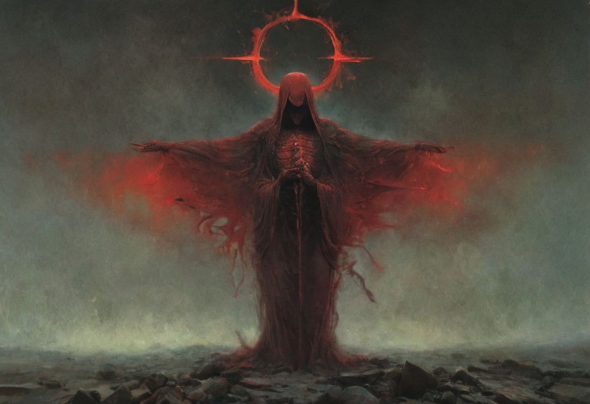 Capturing serenity amidst boundless solitude: a powerful image of a pure evil  Satan demon form, draped in flowing feudal garb, large sedge-hat, evil cross sign strong bright Satan aura ,meditating in lotus position upon an endless, , sunless expanse. As she hovers, an aura emanates from her, growing in intensity as it extends beyond her Till it explodes in the far, reminiscent of expanding ripples of sound. evil lcross sign strong bright Satan auraThe neon hues of her aura paint the air, a vivid testament to her inner strength and focus.
creating a hyperpunk scene with desaturated translucent DARK Red and beige details, colorful (polaroid:0.7) with vibrant colors, (vacations, high resolution:1.3), (small, selective focus, european film:1.2), (sexual advance:1.1), ,end of hopes ,silence, extremely detailed,dark,sad, easynegative, digital artwork by Beksinski, extremely detailed, dark, chiaroscuro, low-key,in the style of Kelly Slater ,style by Kelly Slater,closeup,digital artwork by Beksinski, style of Kelly Slate