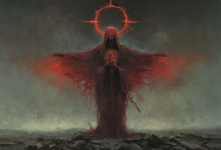 Capturing serenity amidst boundless solitude: a powerful image of a pure evil  Satan demon form, draped in flowing feudal garb, large sedge-hat, evil cross sign strong bright Satan aura ,meditating in lotus position upon an endless, , sunless expanse. As she hovers, an aura emanates from her, growing in intensity as it extends beyond her Till it explodes in the far, reminiscent of expanding ripples of sound. evil lcross sign strong bright Satan auraThe neon hues of her aura paint the air, a vivid testament to her inner strength and focus.
creating a hyperpunk scene with desaturated translucent DARK Red and beige details, colorful (polaroid:0.7) with vibrant colors, (vacations, high resolution:1.3), (small, selective focus, european film:1.2), (sexual advance:1.1), ,end of hopes ,silence, extremely detailed,dark,sad, easynegative, digital artwork by Beksinski, extremely detailed, dark, chiaroscuro, low-key,in the style of Kelly Slater ,style by Kelly Slater,closeup,digital artwork by Beksinski, style of Kelly Slate