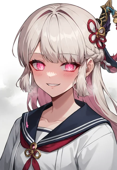 score_9, score_8_up, score_7_up, source_anime, rating_safe , 1girl, solo,long hair, white hair, pink hair, multicolored hair, braid, pink eyes, japanese clothes, school uniform,glowing eyes,blush, evil smile, evil looking, 4k, detailed, from below, teeth, glowing eyes, yandere, upper body ,white background, half closed eyes, seductive look, naughy face, hearts, steam, vapor, katana on back, sword on back, cute, young, ((blush)), wide open eyes