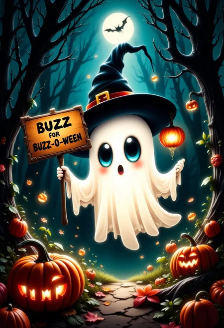 cute chibi ghost with huge eyes flyling through a dark forest, halloween themed, autumn colors, witch hat, holding a jack-o-lantern, (holding a signboard with text "BUZZ for BUZZ-O-WEEN" written with black marker on it)