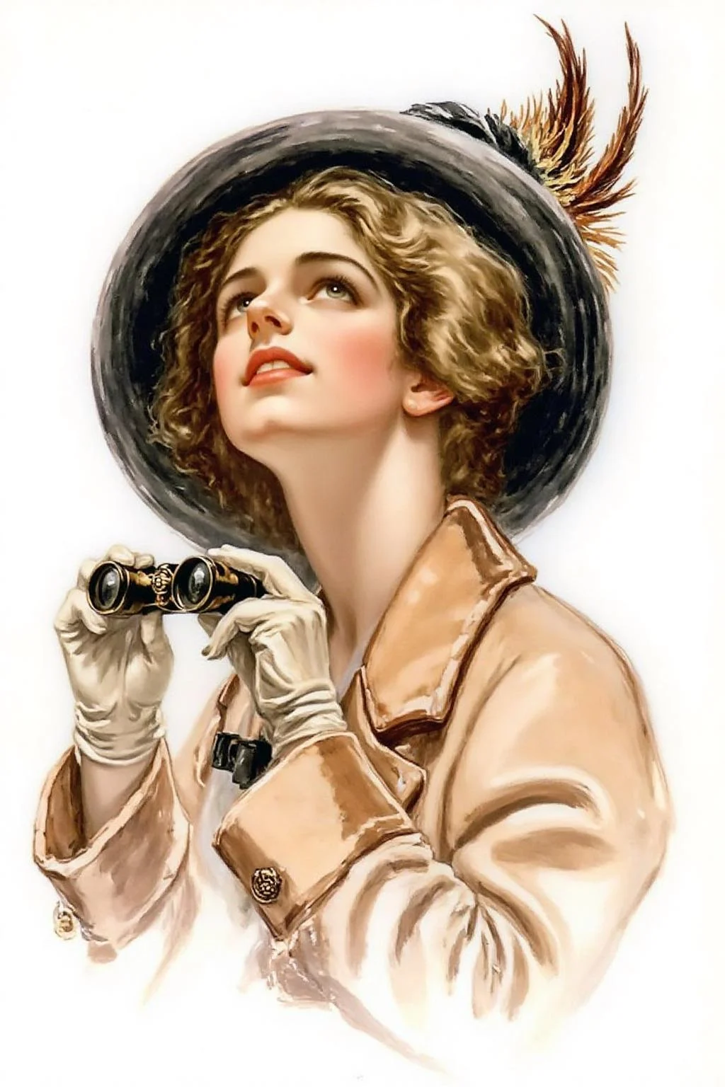 hafisher1 illustration.
A woman looking up at the sky. She has light, wavy, golden-blonde hair peeking out from under a stylish, dark, wide-brimmed hat adorned with a large, ornate feather and a small black ribbon. She hold a small binocular with both her hands.
<lora:hafisher1_cap_d6a3e12:1.0><lora:829843902992440795:0>