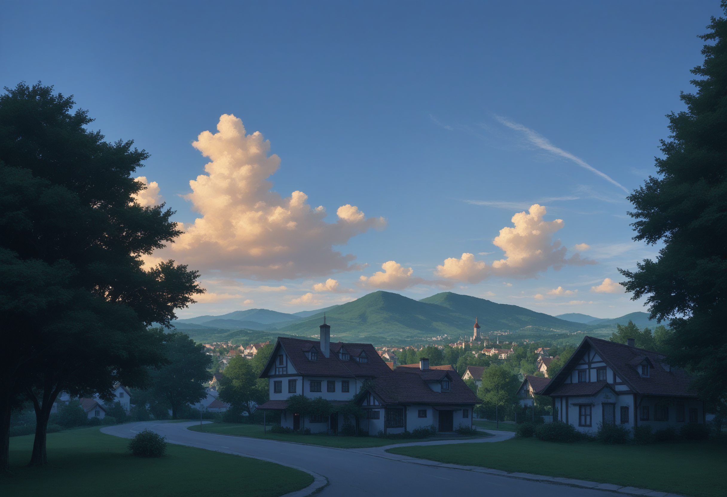 score_9, score_8_up, score_7_up, blue sky, cloud, cloudy sky, night, outdoors, scenery, sky, tree, hills, europe, no humans, source_cartoon, source_anime, houses, sunset, vibrant colors, high contrast,
<lora:sc3nery:0.7>