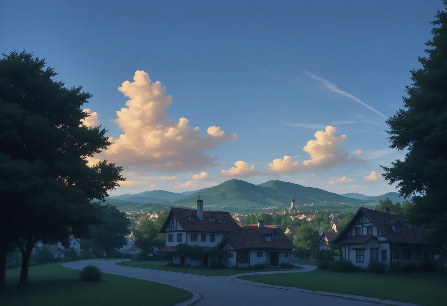 score_9, score_8_up, score_7_up, blue sky, cloud, cloudy sky, night, outdoors, scenery, sky, tree, hills, europe, no humans, source_cartoon, source_anime, houses, sunset, vibrant colors, high contrast,
<lora:sc3nery:0.7>
