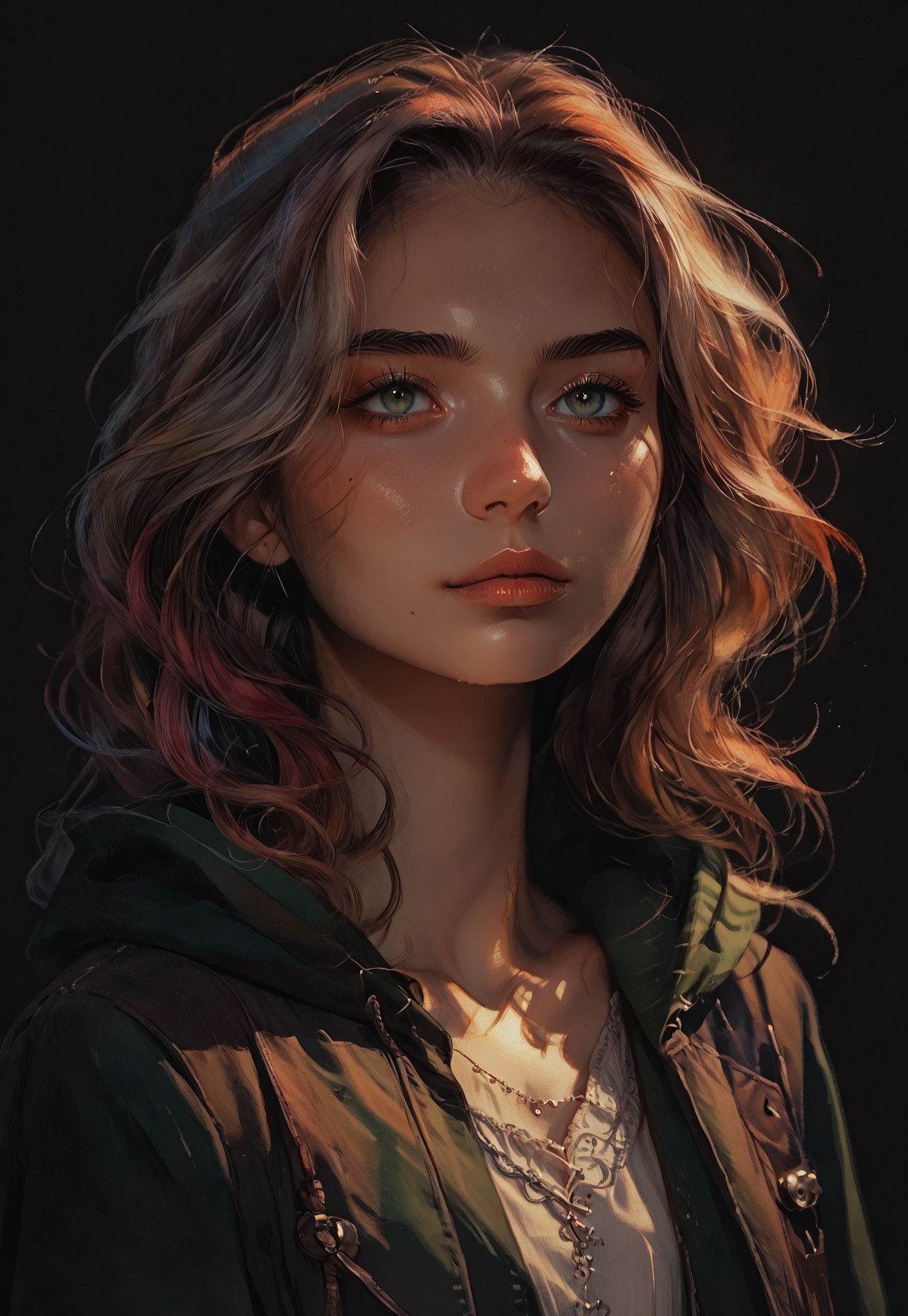 score_9, score_8_up, score_7_up, score_6_up, aesthetic, s1_dram, ncpy13 style, pastels drawing, deep black background,  rogue girl, kawai girl, hooded cloak, mysterious, cute, armor, dark fantasy setting, upperbody portrait, elegant, intricate details, watercolor