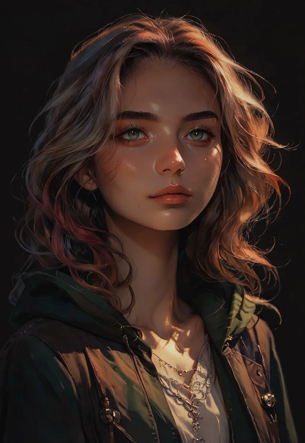 score_9, score_8_up, score_7_up, score_6_up, aesthetic, s1_dram, ncpy13 style, pastels drawing, deep black background, rogue girl, kawai girl, hooded cloak, mysterious, cute, armor, dark fantasy setting, upperbody portrait, elegant, intricate details, watercolor