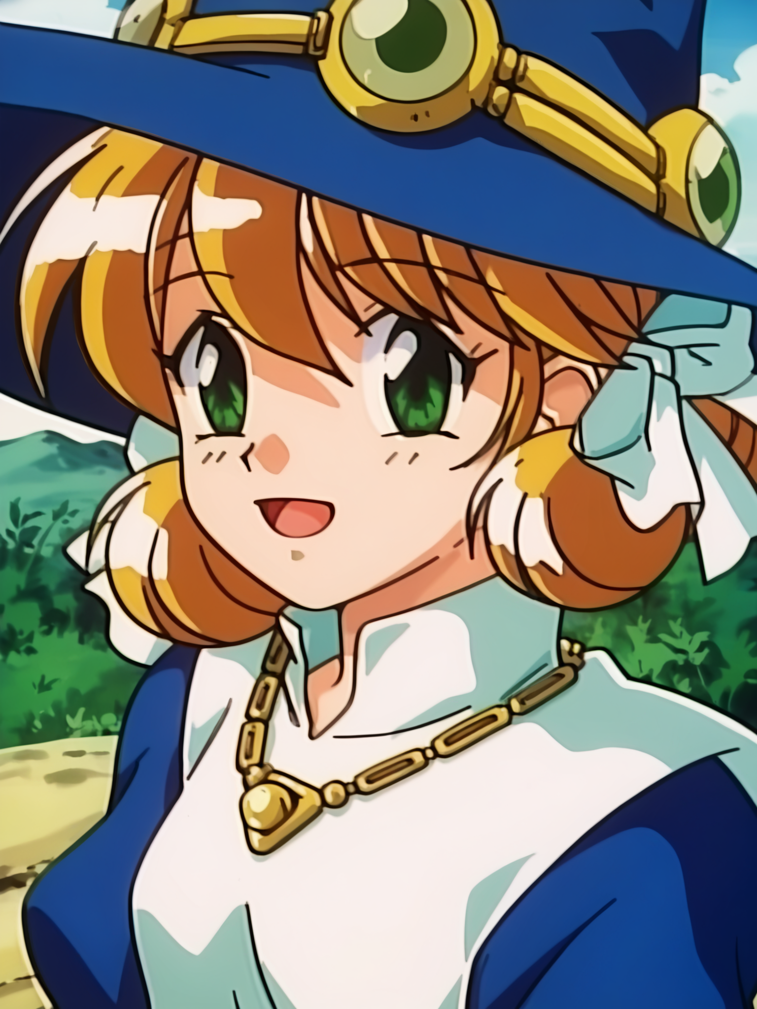 <lora:happy_tentacle-meruru-v0.2-000020:0.9>, ht_meruru, witch hat, blue headwear, necklace, small breasts, white collar, blue dress, robe, long sleeves , upper body, 1girl, (petite:1.2), solo focus, smile, open mouth, (looking at viewer:1.1), outdoors , sidelighting, (depth of field:0.8), from above, <lora:Shed_The_Skin's StS_age_slider_v1_initial_release:-1.3>, score_9, score_8_up, score_7_up, score_6_up, score_5_up, score_4_up,