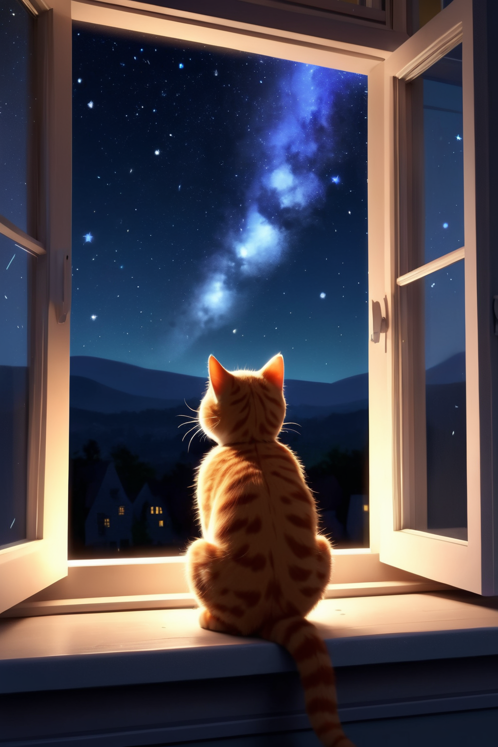 digital masterpiece, pixar style, wide shot of a cute little cat sitting on window sill looking at the stars in the sky, back view, night sky, galaxy, clear night, dark, starry sky, high-quality, 8k, extremely-detailed, <lora:add-detail-xl:1.5>,