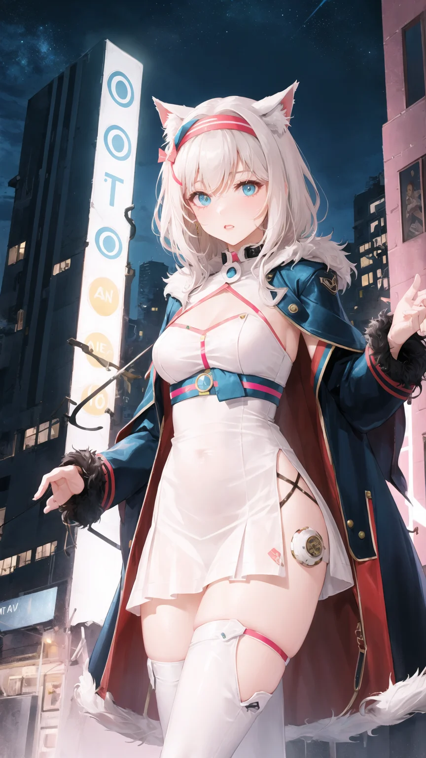 (((((night, city, neon lights))))), (white theme, lightpink), mechanical theme, looking at viewer, (from below),
1girl, solo, (((cowboy shot))), short hair, flipped hair, hair between eyes, ((diagonal bangs)), medium breasts, beautiful face, asymmetrical hair, multi-colored hair, bodysuit, (((waist sash))), detached sleeves, ((metal hairband)), (open jacket, fur jacket), cute face, (translucent high heel boots, translucent thigh boots, translucent fur boots), animal collar, (thigh bands), ((waist cutout, argyle cutout)), hairpin, streaked hair, crystal earrings, animal ears, (translucent), ((pleated skirt)), heart, bow hairband, (cutout),
<lora:Grenadier-1-000019_0.7+Grenadier-000014_0.7:0.4>