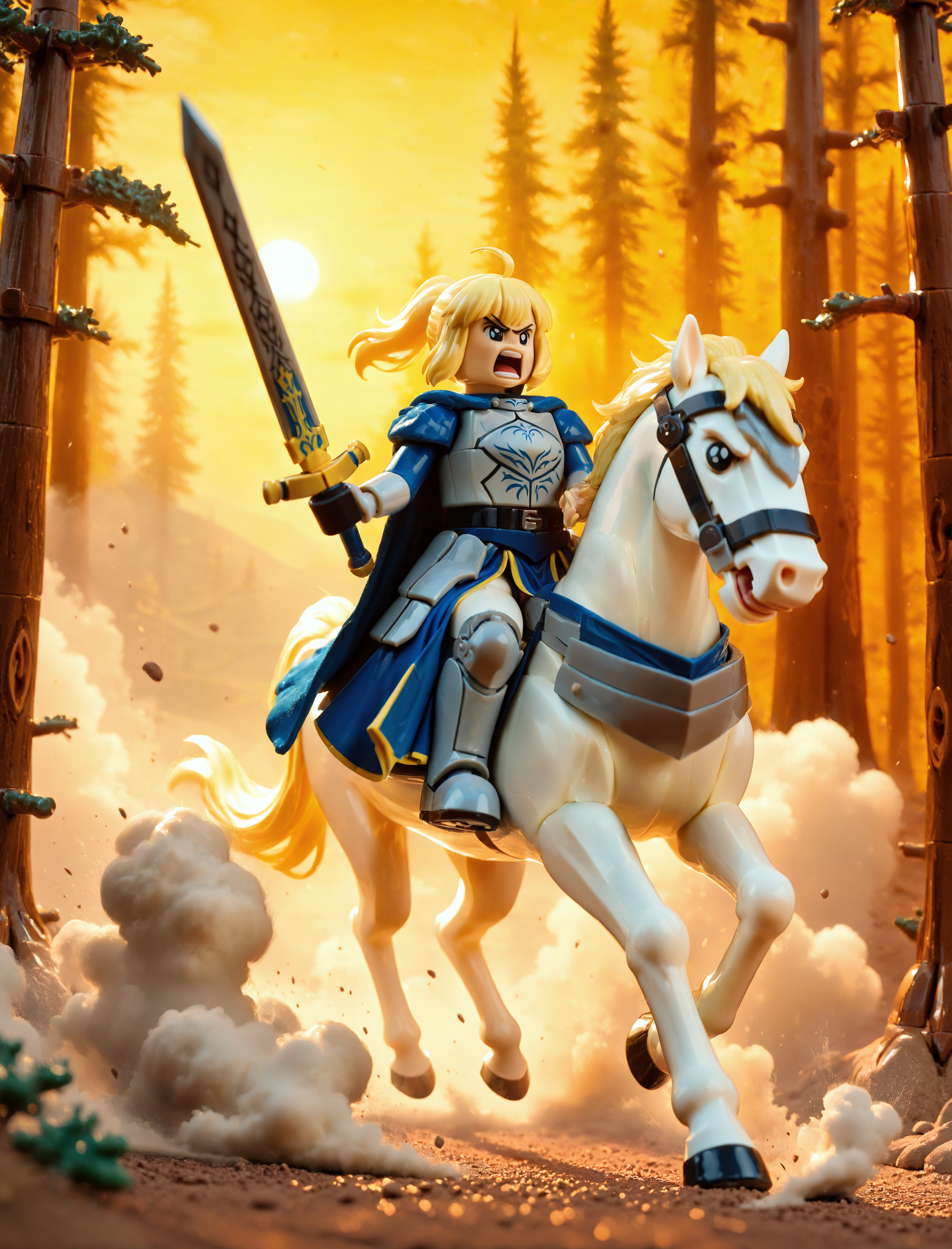 masterpiece, best quality, good quality, very aesthetic, newest, highres, absurdres, l3g0, 1girl, saber, blonde hair, sword, shouting, armor, riding on white horse, dust, trees, forest, sunset