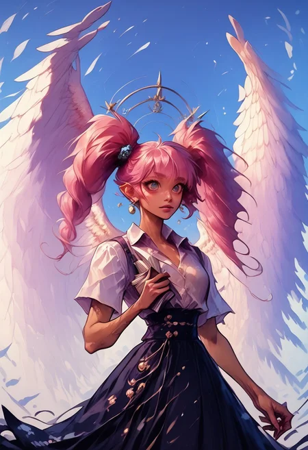 score_9, score_8_up, score_7_up, score_6_up, Tan skin, golden skin, huge boobs, blue eyes, big eyes, pink hair, pigtails, bangs, ((long bang covering one eye, (( twin tails)), ((long twin tails)),) , huge breasts,, Asian woman, ((slanted eyes)), ((big eyes)), ((large iris)), Huge boobs, gigantic boobs, big tits, long hair, golden skin, tan skin, athletic body, toned abs, big tits,1 girl, divine beauty, houri angel, angelic, halo, 1 girl, scholarly, librarian aesthetic, , angel, (large wings, white feathered wings:1.2), cardigan sweater, skirt, holding a book, (tropical island mountain background.2), character design, concept art, detailed face, high Detail, Sharp focus, dramatic, (solo:1.2), <lora:Helluva Cartoon Style Pony V1:1.2> <lora:detail_eyes:0.6> <lora:detailed_hands:1> hands, <lora:ComicsPonyXL_V2:0.7> Comistyle, <lora:Pony_DetailV2.0:0.6> <lora:w1ngsXLP:0.7> <lora:dexterslabXLP:1> dexters lab